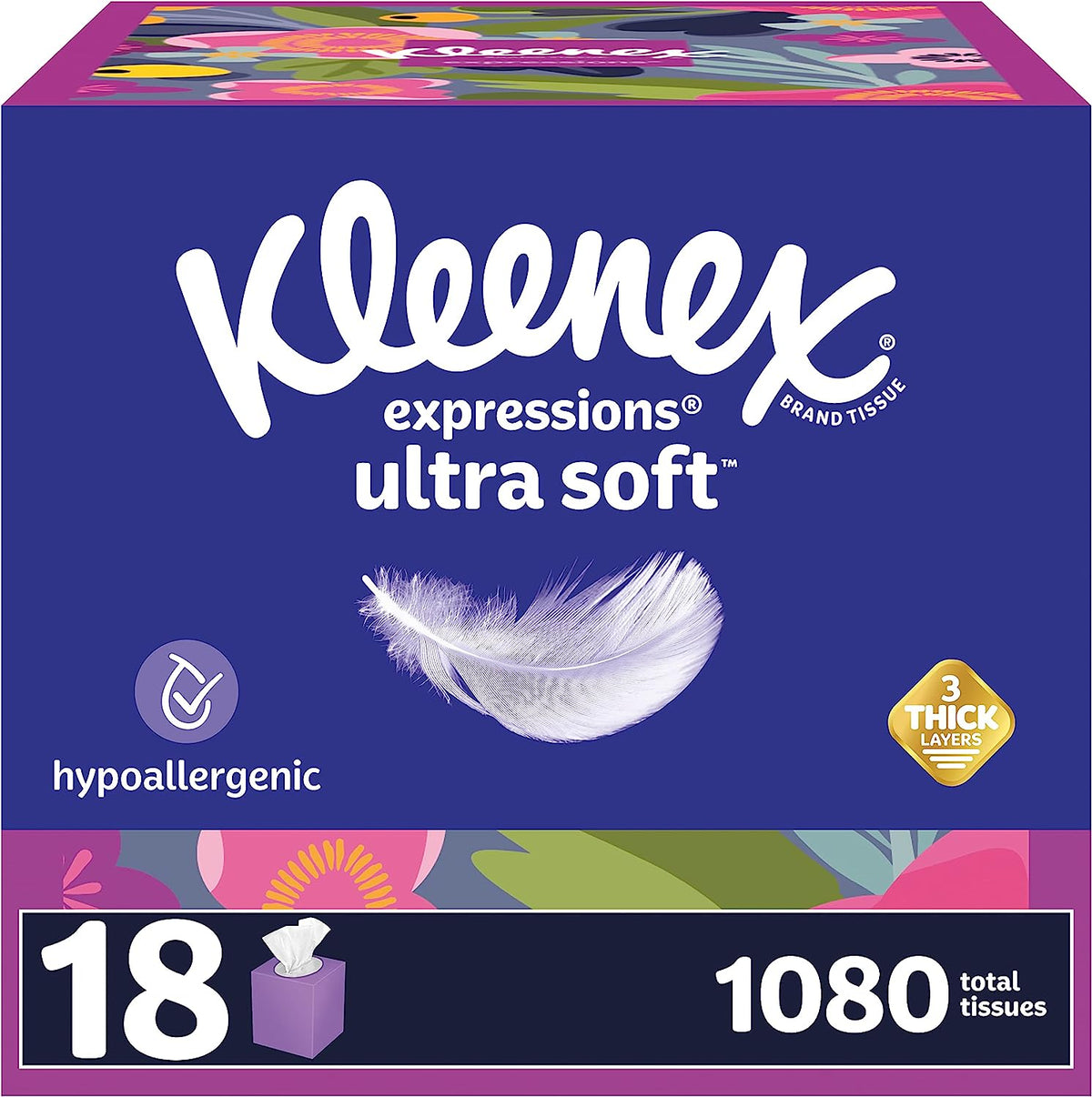 Kleenex Expressions Ultra Soft Facial Tissues, 18 Cube Boxes, 60 Tissues per Box, 3-Ply (1,080 Total Tissues), Packaging May Vary